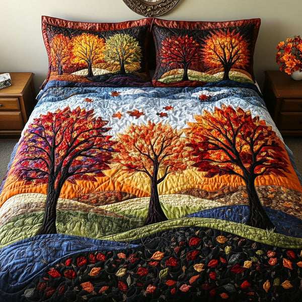 Fall Leaves Landscape quilted 3-piece bedding set on a made bed with two matching pillow shams