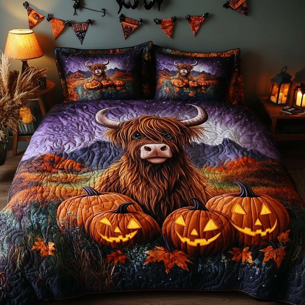 Fall Meadow quilted 3-piece bedding set on a made bed with two matching pillow shams