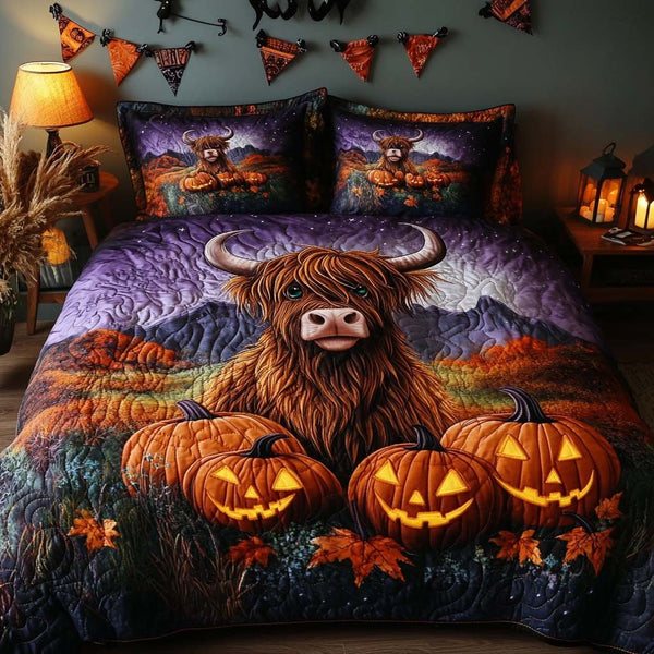 Fall Meadow quilted 3-piece bedding set on a made bed with two matching pillow shams