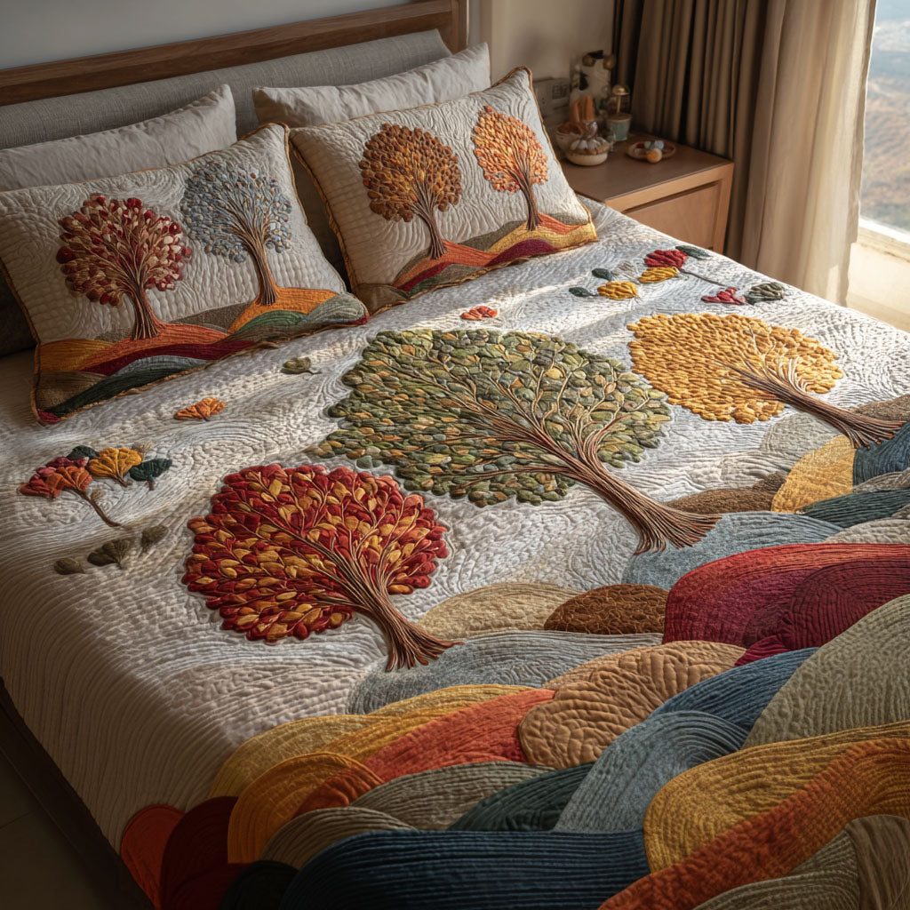 Fall Meadow quilted 3-piece bedding set on a made bed with two matching pillow shams