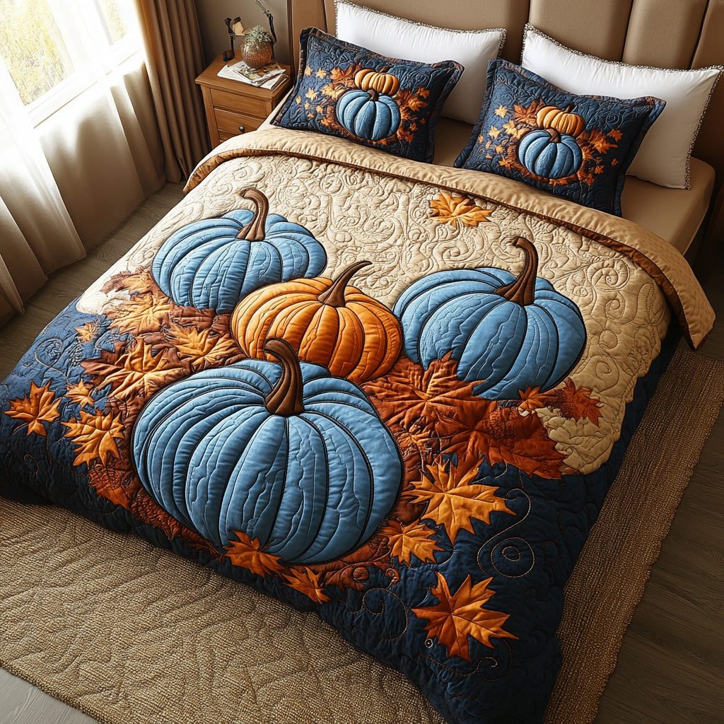 Fall Nest quilted 3-piece bedding set on a made bed with two matching pillow shams