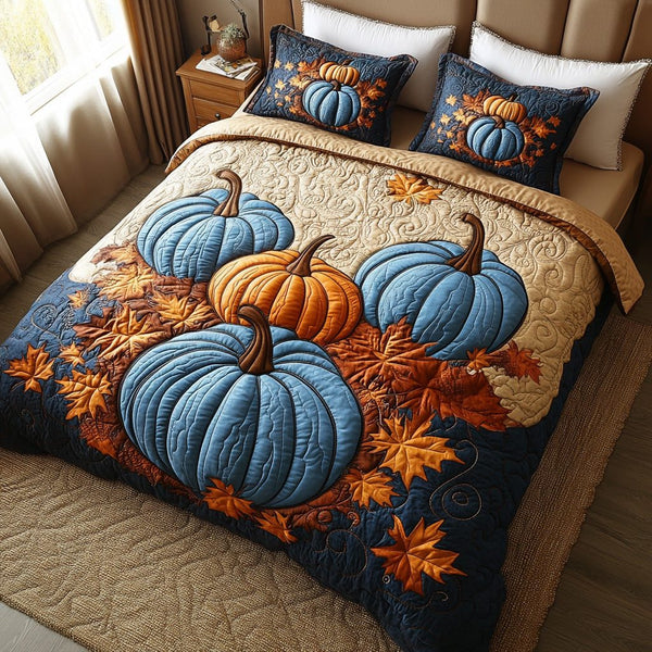 Fall Nest quilted 3-piece bedding set on a made bed with two matching pillow shams
