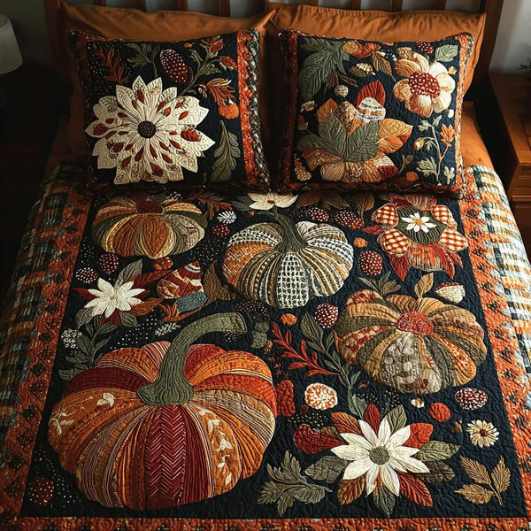 Fall Pumpkin Glow quilted 3-piece bedding set on a made bed against a dark styled interior