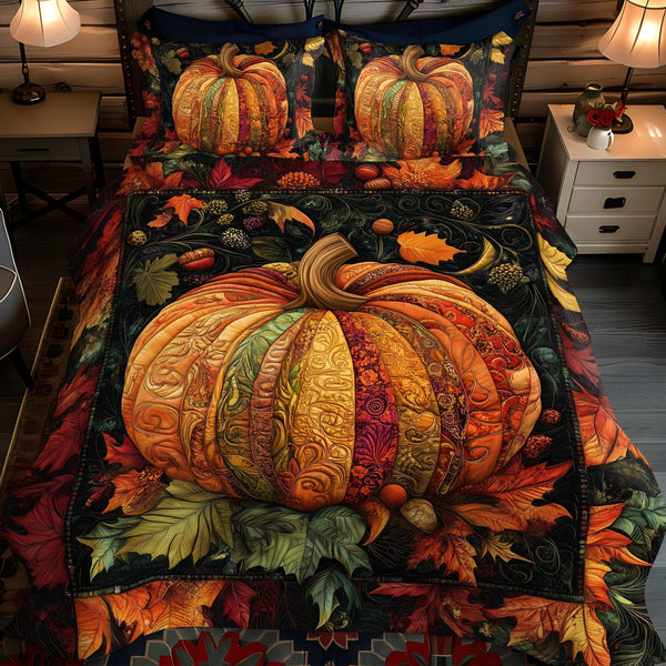 Fall Pumpkin Magic quilted 3-piece bedding set on a made bed against a dark styled interior