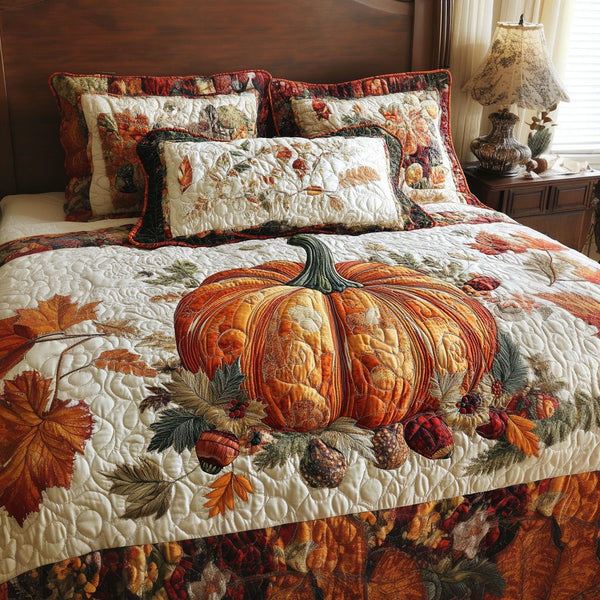 Fall Pumpkin Moments quilted 3-piece bedding set on a made bed against a dark styled interior