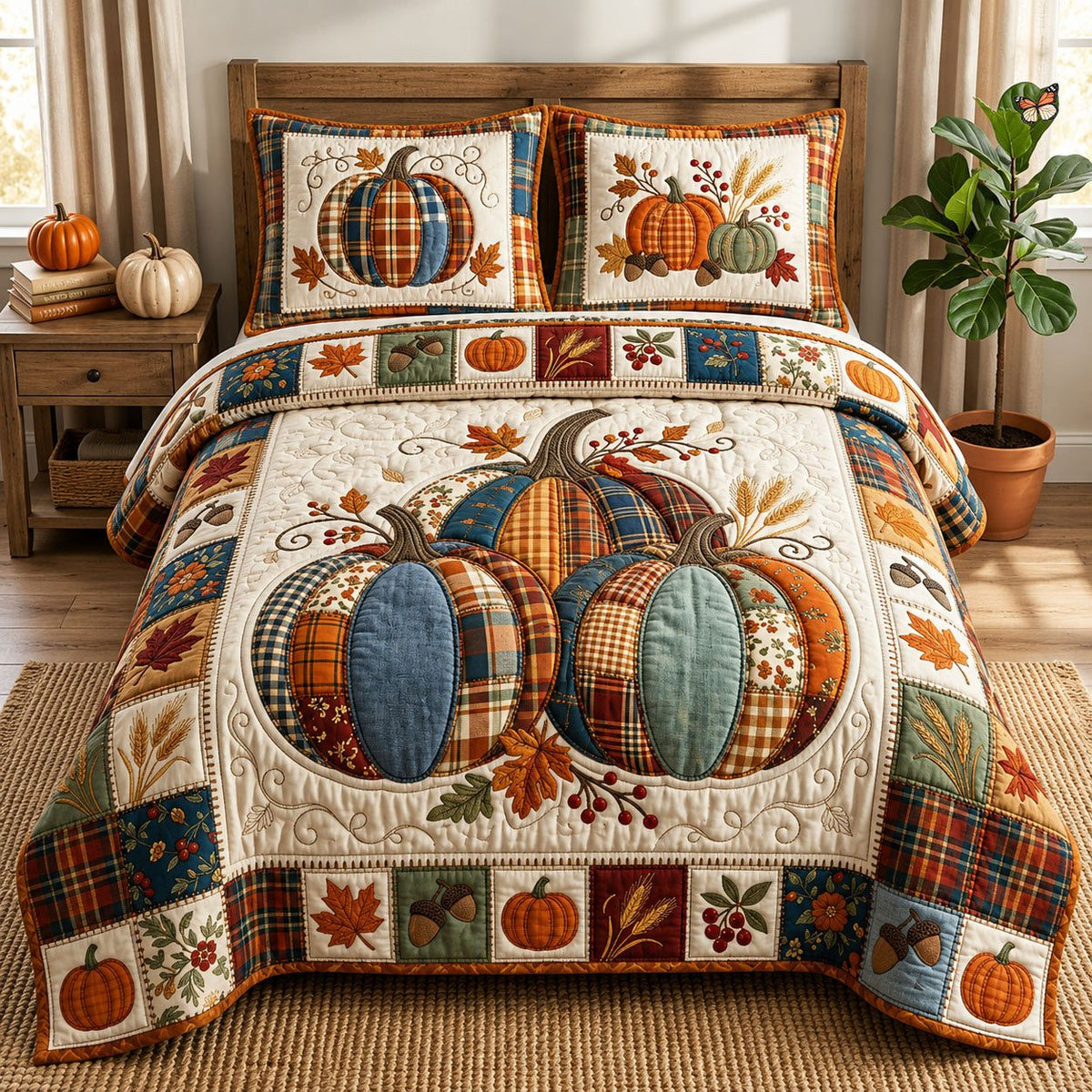 Fall Pumpkin quilted 3-piece bedding set on a made bed against a dark styled interior