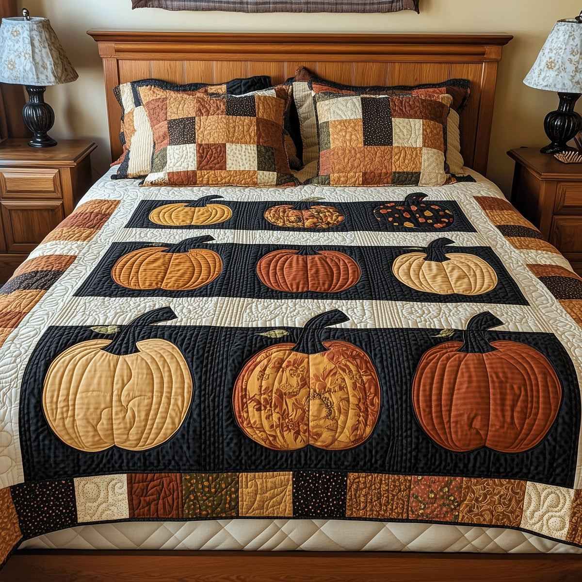 Fall Pumpkin quilted 3-piece bedding set on a made bed against a dark styled interior