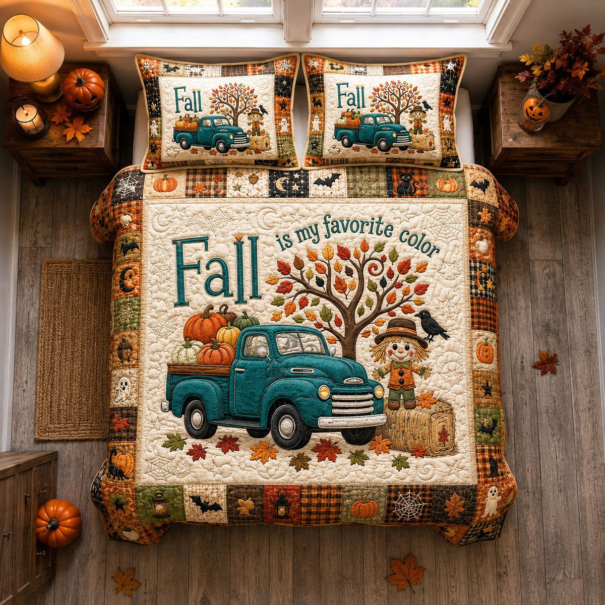 Fall Pumpkin Truck quilted 3-piece bedding set on a made bed against a dark styled interior