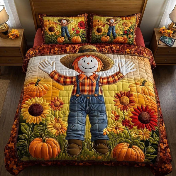 Fall Scarecrow Fun quilted 3-piece bedding set on a made bed with two matching pillow shams