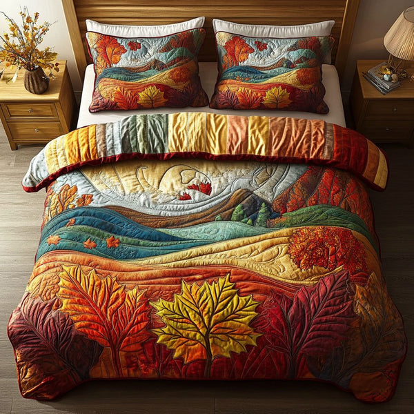 Fall Serenity quilted 3-piece bedding set on a made bed with two matching pillow shams