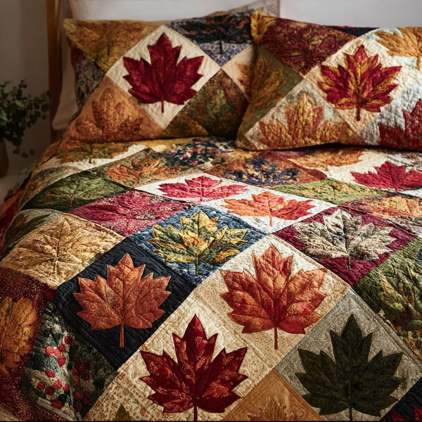 Fall Spirit quilted 3-piece bedding set on a made bed with two matching pillow shams