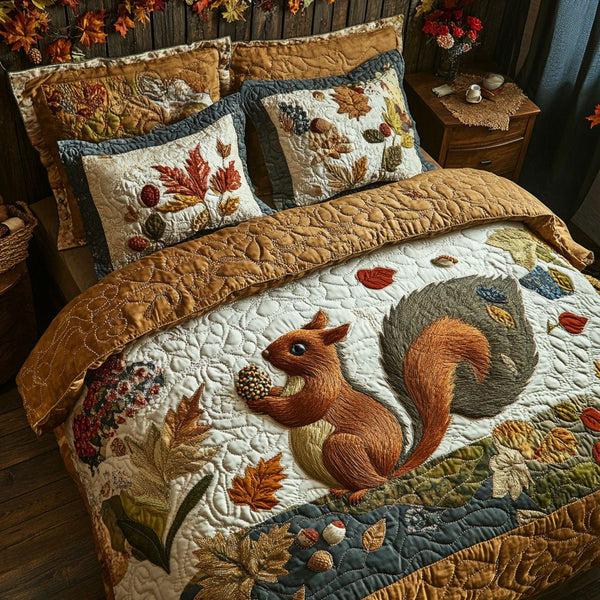 Fall Squirrel Trails quilted 3-piece bedding set on a made bed with two matching pillow shams