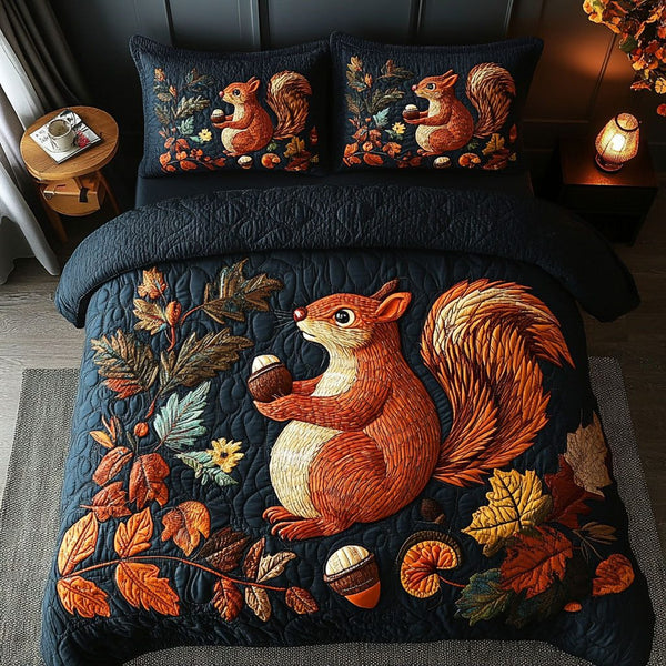 Fall Squirrel Treasures quilted 3-piece bedding set on a made bed with two matching pillow shams