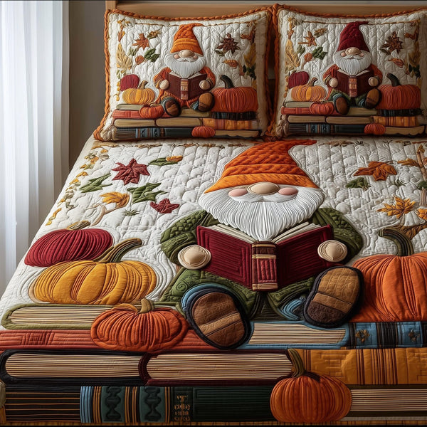 Fall Storytime quilted 3-piece bedding set on a made bed with two matching pillow shams