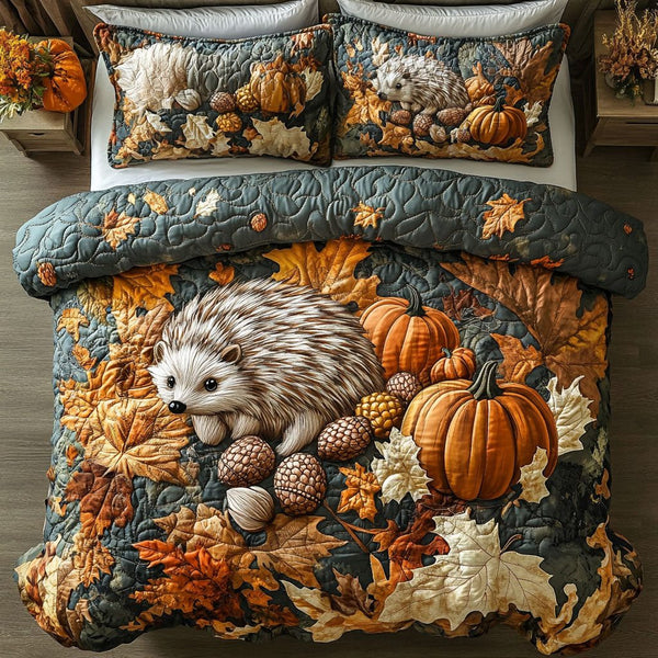 Fall Woodland Hedgehog quilted 3-piece bedding set on a made bed with two matching pillow shams
