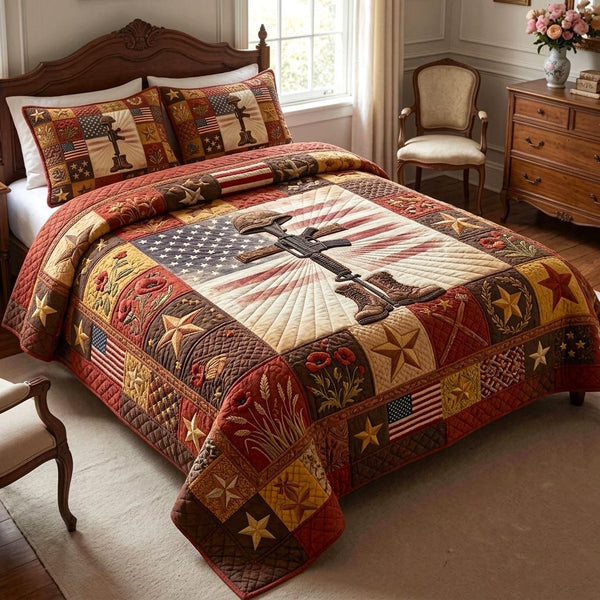 Fallen Heroes quilted 3-piece bedding set on a made bed with two matching pillow shams