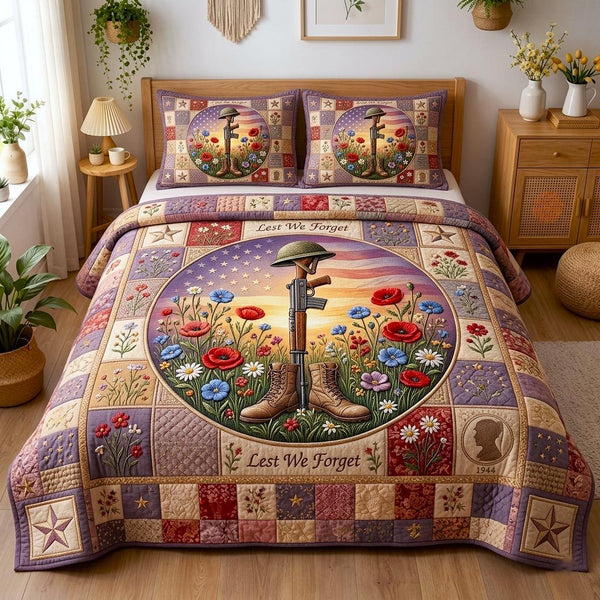 Fallen Heroes quilted 3-piece bedding set on a made bed with two matching pillow shams