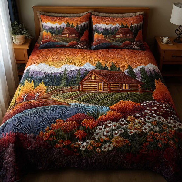 Fallen Leaves quilted 3-piece bedding set on a made bed with two matching pillow shams