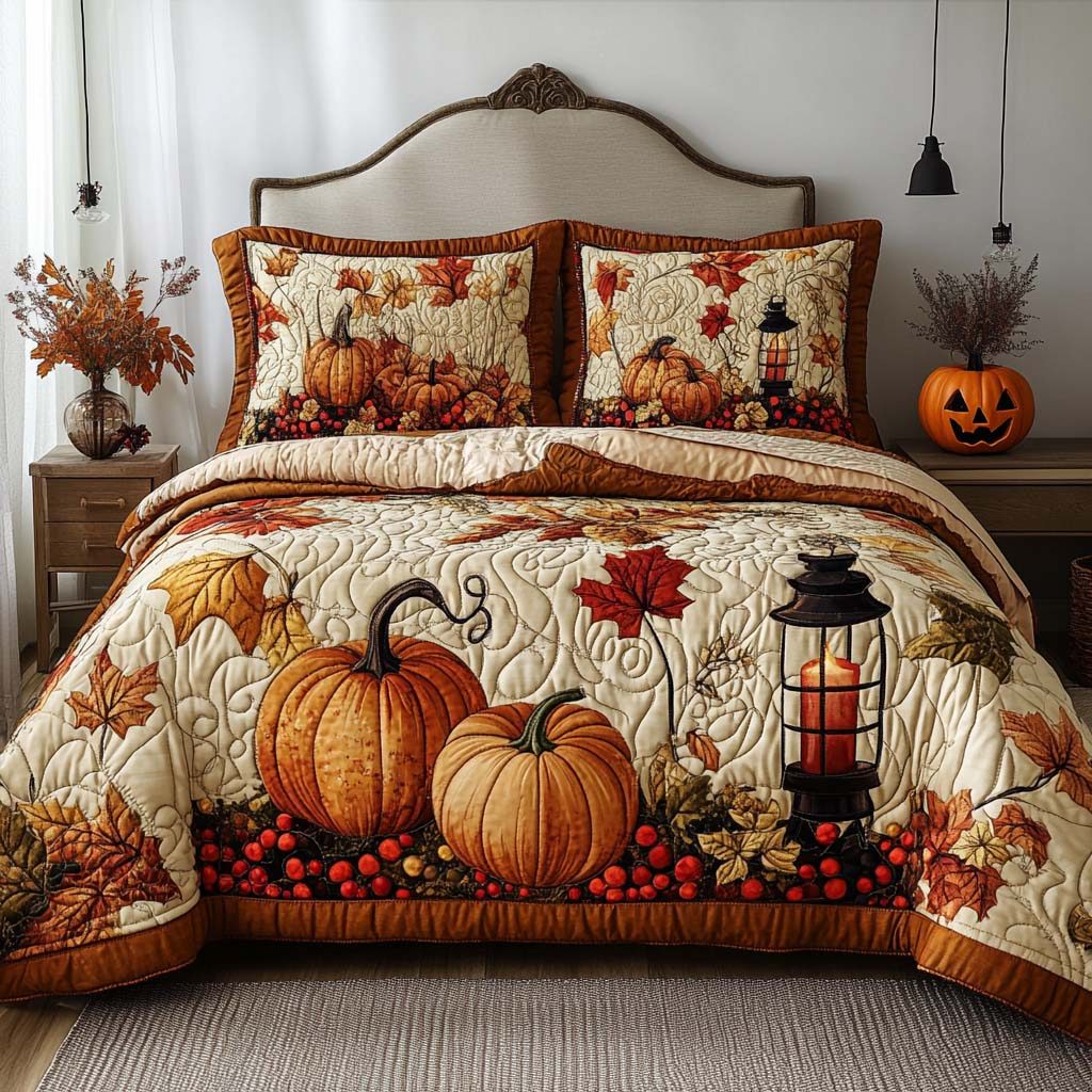 Falling Leaf Blessing quilted 3-piece bedding set on a made bed with two matching pillow shams
