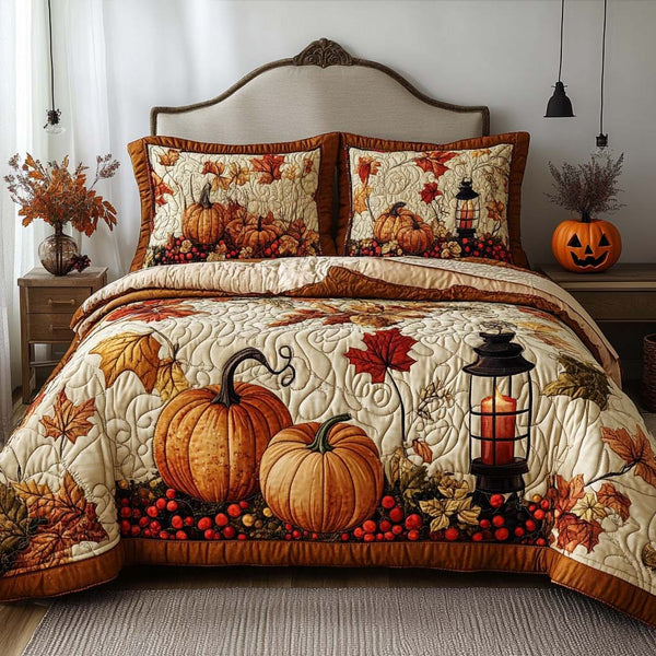 Falling Leaf Blessing quilted 3-piece bedding set on a made bed with two matching pillow shams
