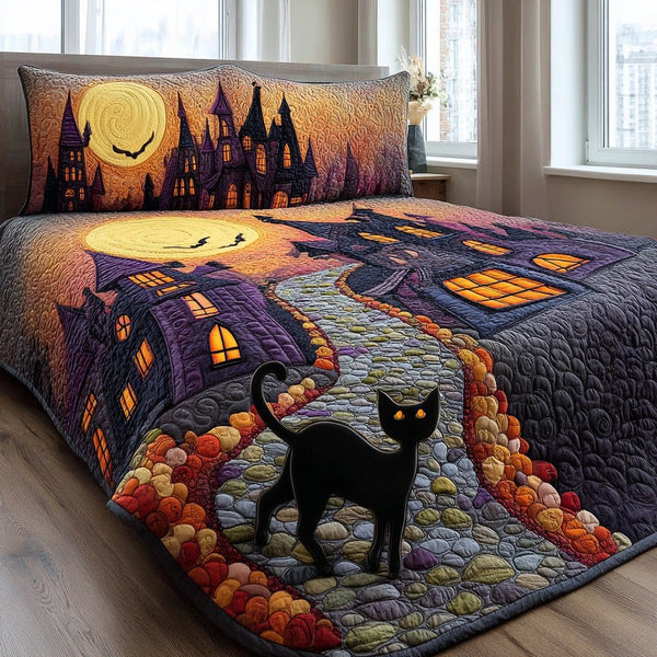 Falling Leaf Manor quilted 3-piece bedding set on a made bed with two matching pillow shams