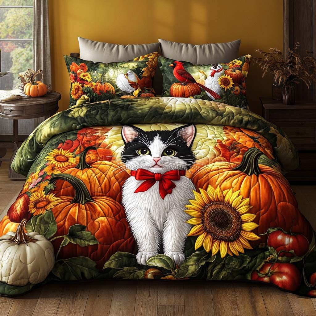 Falling Leaves Cat quilted 3-piece bedding set on a made bed with two matching pillow shams