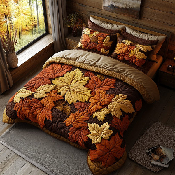 Falling Leaves quilted 3-piece bedding set on a made bed with two matching pillow shams