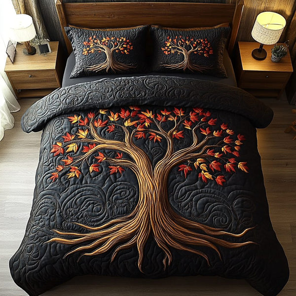 Falling Leaves quilted 3-piece bedding set on a made bed with two matching pillow shams
