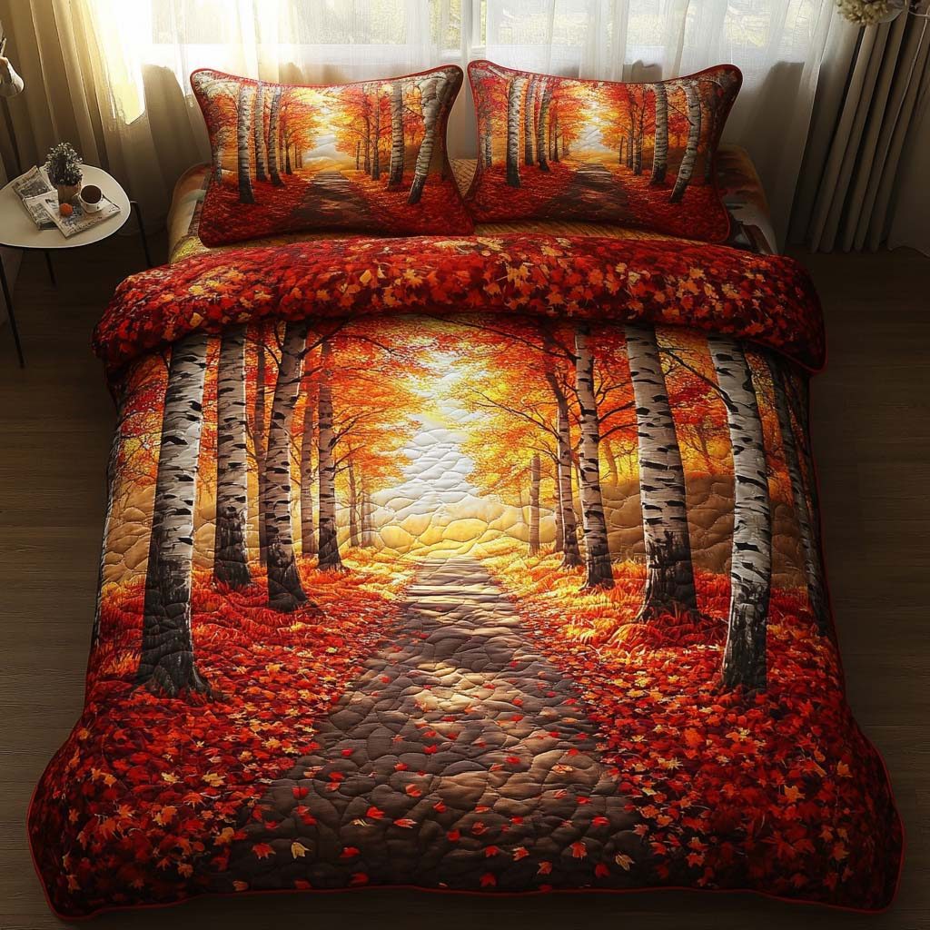 Falling Maple quilted 3-piece bedding set on a made bed with two matching pillow shams