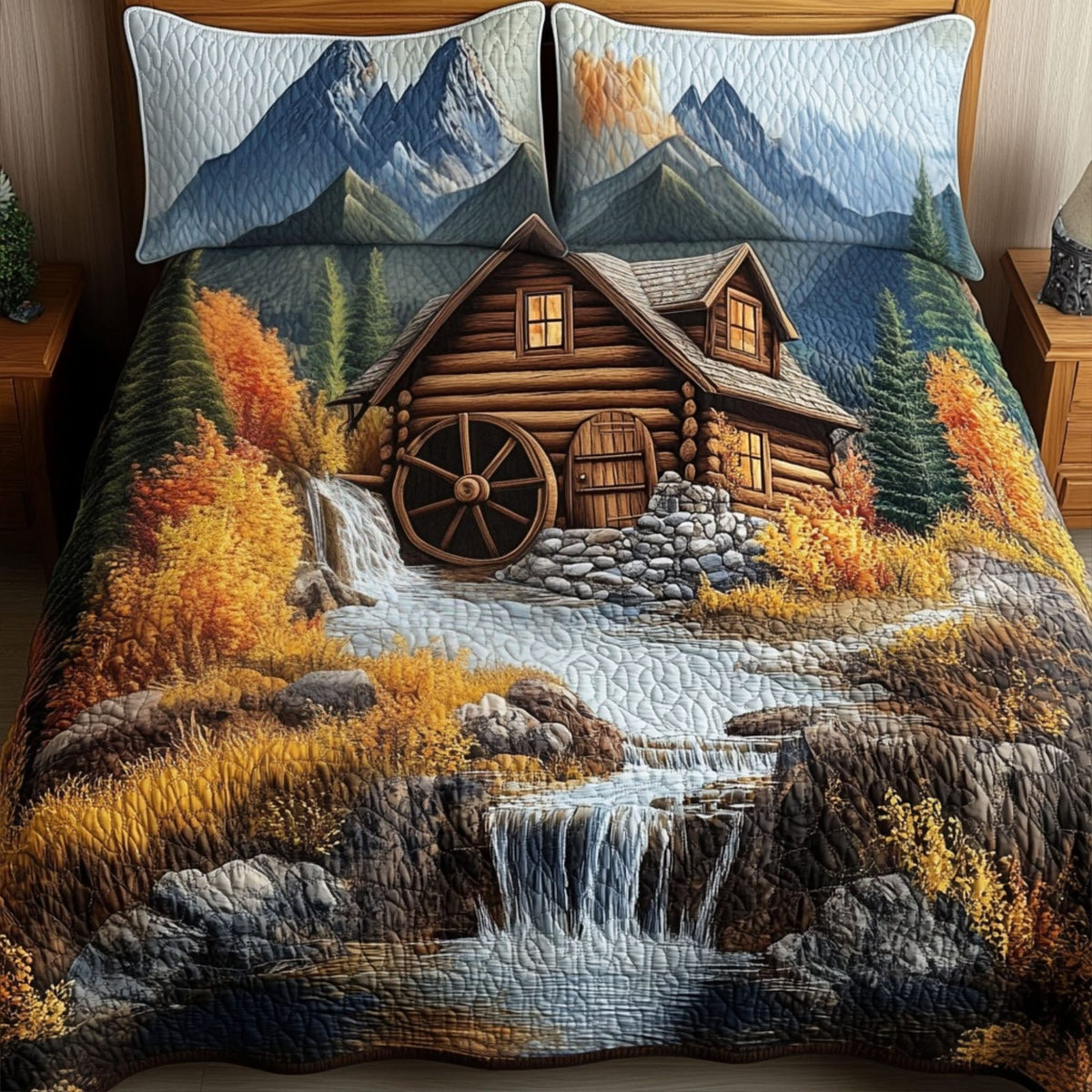 Falls at Millbrook quilted 3-piece bedding set on a made bed with two matching pillow shams
