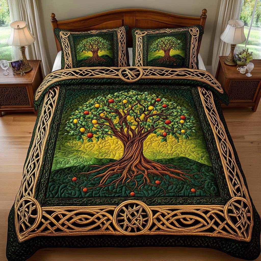 Family Bloom quilted 3-piece bedding set on a made bed with two matching pillow shams