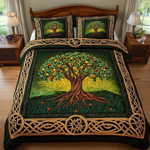 Family Bloom quilted 3-piece bedding set on a made bed with two matching pillow shams