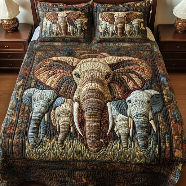 Family Bond Elephant quilted 3-piece bedding set on a made bed with two matching pillow shams