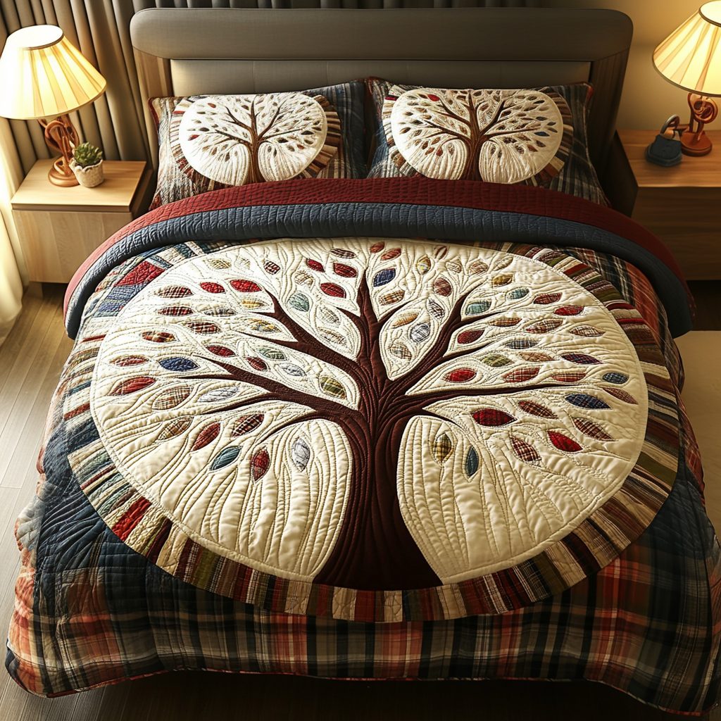 Family Tree quilted 3-piece bedding set on a made bed with two matching pillow shams