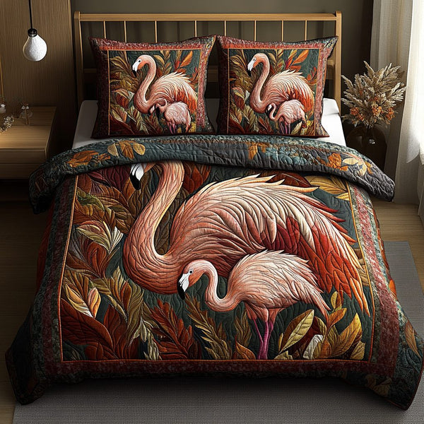 Fancy Flamingo quilted 3-piece bedding set on a made bed with two matching pillow shams