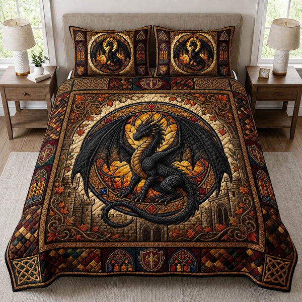 Fantasy Dragon quilted 3-piece bedding set on a made bed with two matching pillow shams