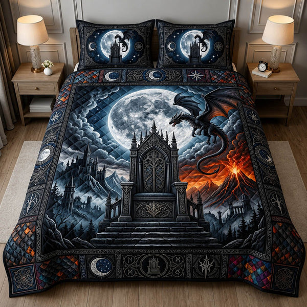 Fantasy Dragon quilted 3-piece bedding set on a made bed with two matching pillow shams