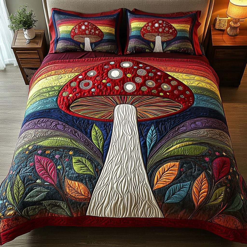 Fantasy Fungi quilted 3-piece bedding set on a made bed with two matching pillow shams