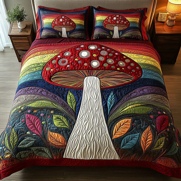 Fantasy Fungi quilted 3-piece bedding set on a made bed with two matching pillow shams