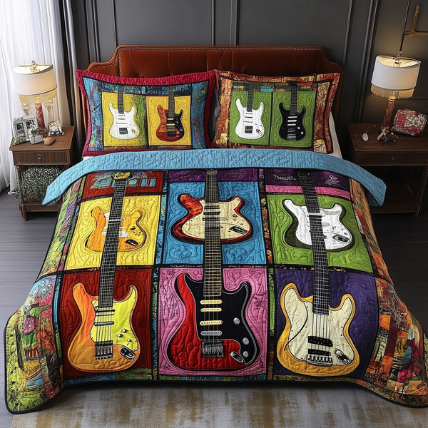 Fantasy Guitar quilted 3-piece bedding set on a made bed with two matching pillow shams