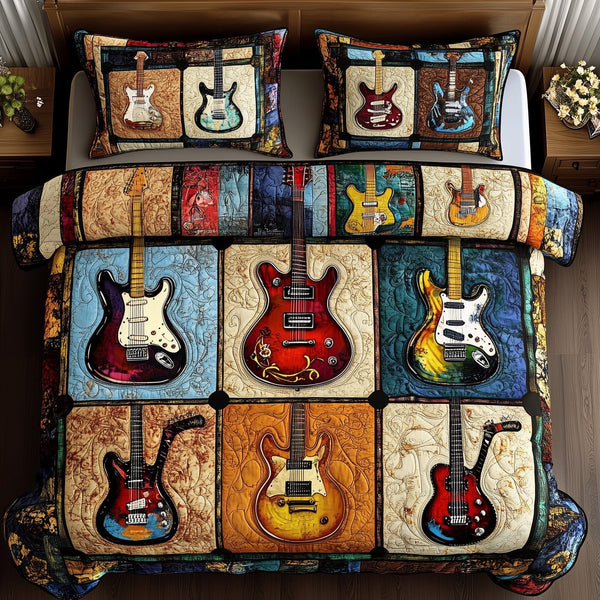 Fantasy Guitar quilted 3-piece bedding set on a made bed with two matching pillow shams