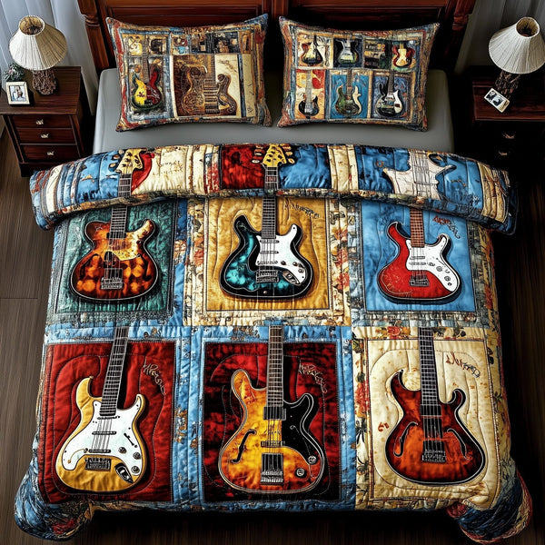 Fantasy Guitar quilted 3-piece bedding set on a made bed with two matching pillow shams
