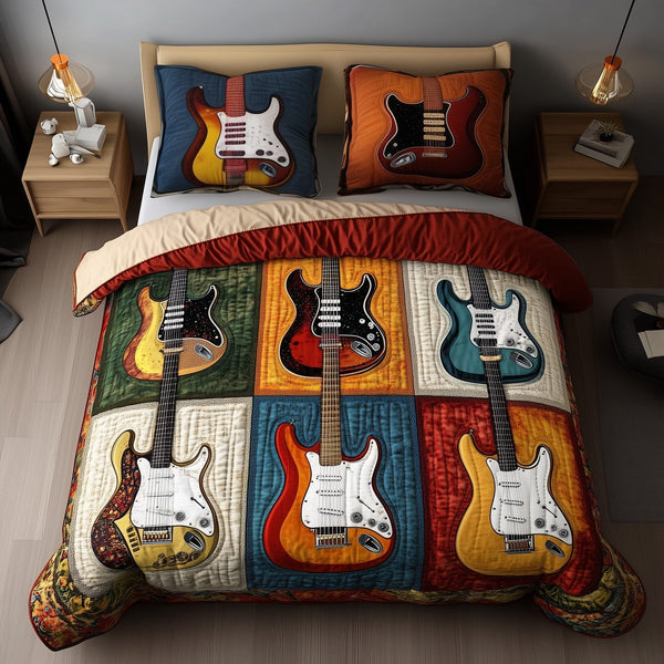 Fantasy Guitar quilted 3-piece bedding set on a made bed with two matching pillow shams