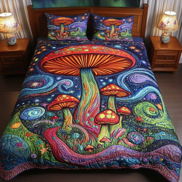 Fantasy World quilted 3-piece bedding set on a made bed with two matching pillow shams