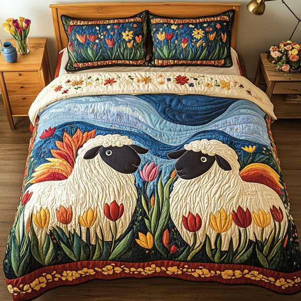 Farm Bliss quilted 3-piece bedding set on a made bed with two matching pillow shams