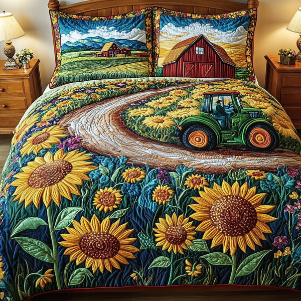 Farm Bliss quilted 3-piece bedding set on a made bed with two matching pillow shams