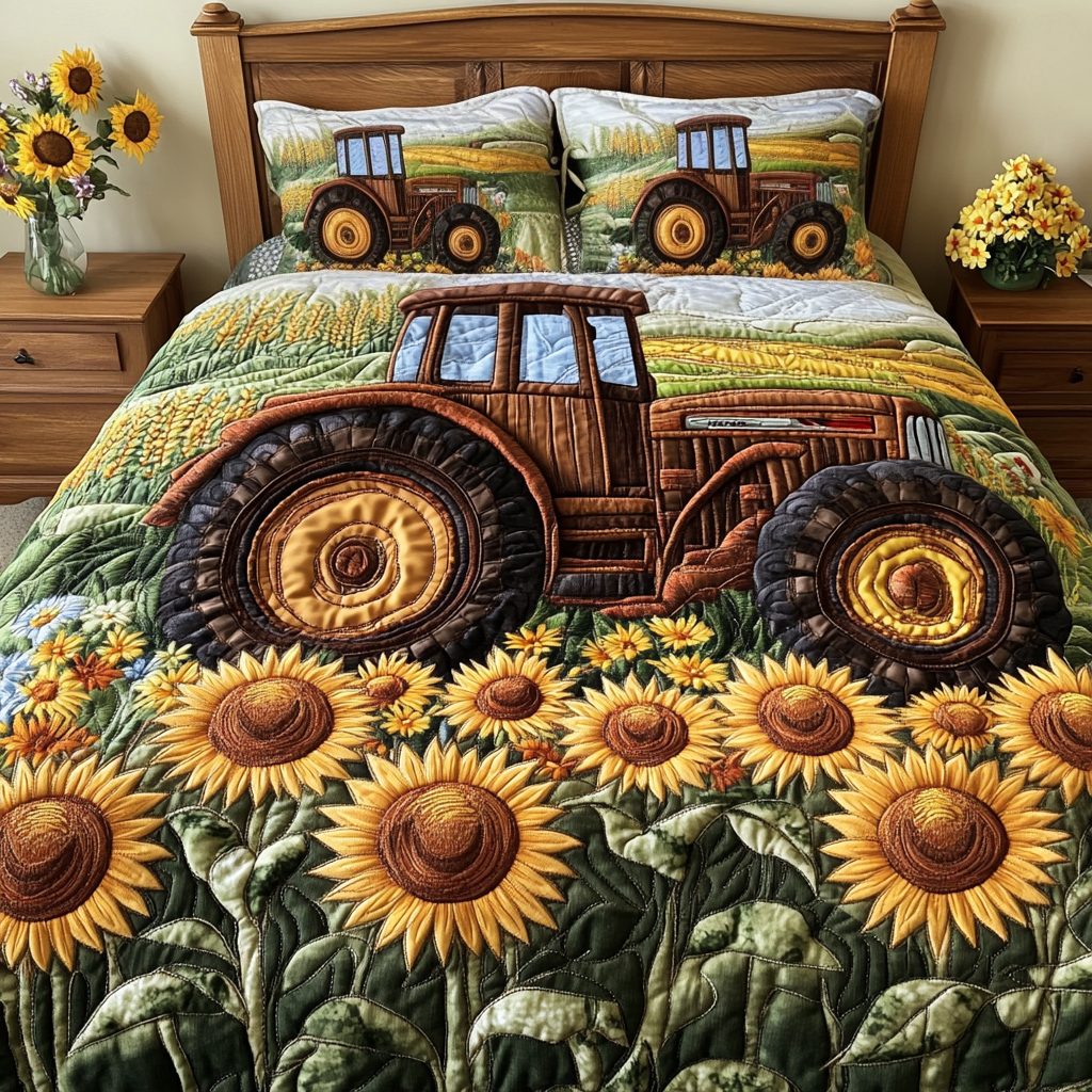 Farm Breeze quilted 3-piece bedding set on a made bed with two matching pillow shams