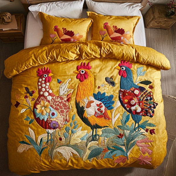 Farm Charm quilted 3-piece bedding set on a made bed with two matching pillow shams