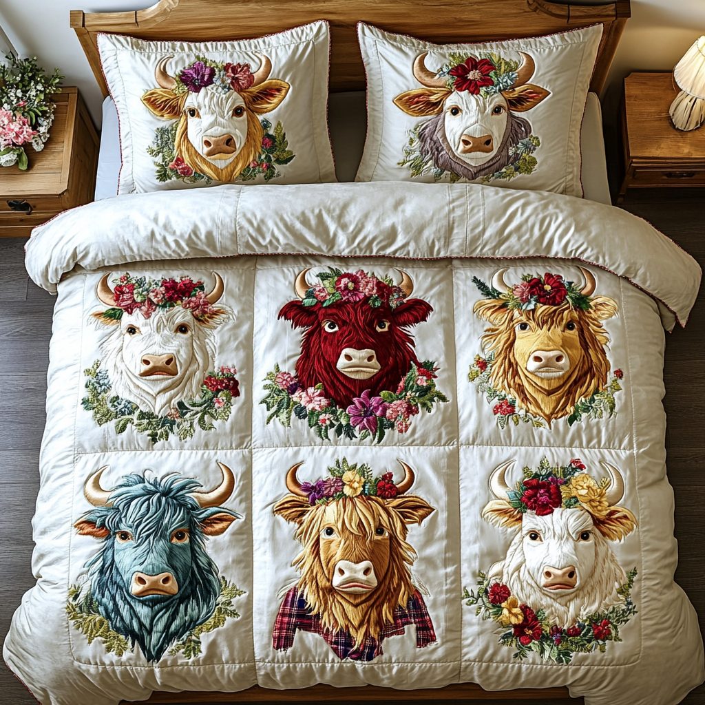 Farm Dreams quilted 3-piece bedding set on a made bed with two matching pillow shams