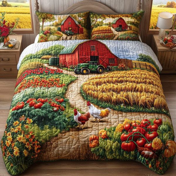 Farm Fresh Days quilted 3-piece bedding set on a made bed with two matching pillow shams
